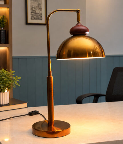 Gold Brass Table Lamp with vintage dome shade, curved brass arm, and round base, 15 inches tall with an 8-inch shade.