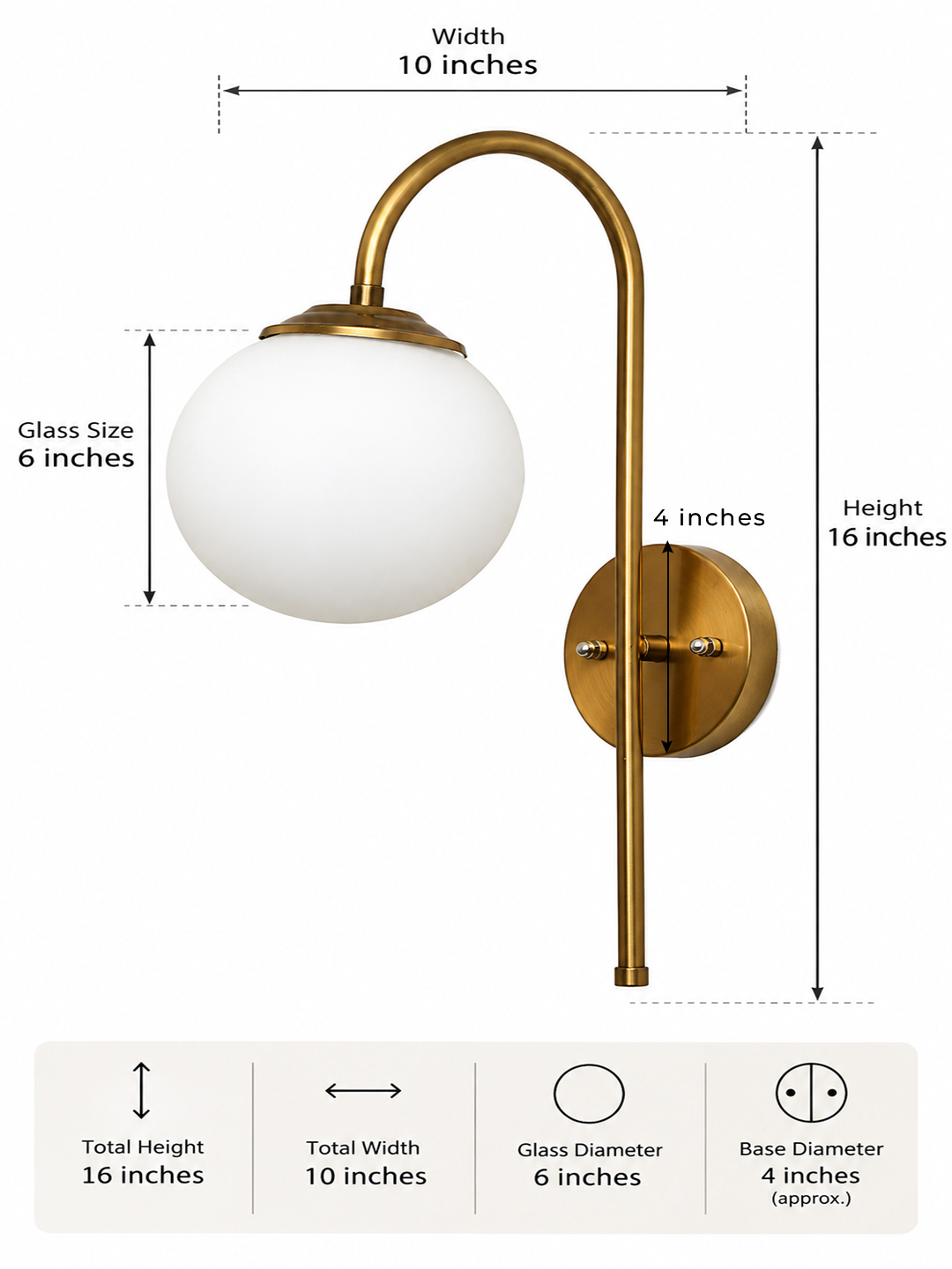 Wall Light Gold Finish with Globe Milky White Glass Gold finish wall light with Round White Glass globe and curved arm for modern home decor
