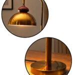 Gold Brass Table Lamp with vintage dome shade, curved brass arm, and round base, 15 inches tall with an 8-inch shade.