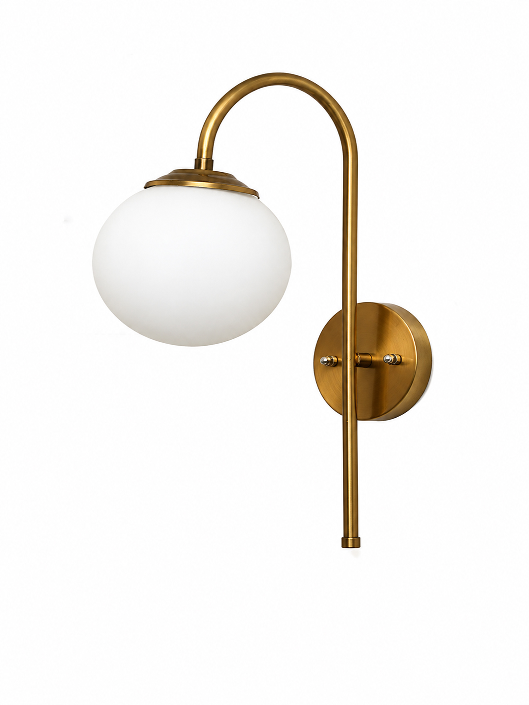 Wall Light Gold Finish with Globe Milky White Glass Gold finish wall light with Round White Glass globe and curved arm for modern home decor