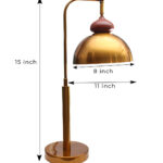 Gold Brass Table Lamp with vintage dome shade, curved brass arm, and round base, 15 inches tall with an 8-inch shade.