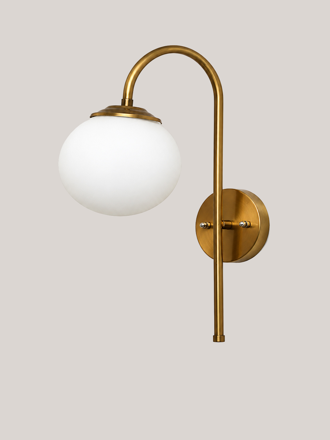 Wall Light Gold Finish with Globe Milky White Glass Gold finish wall light with Round White Glass globe and curved arm for modern home decor